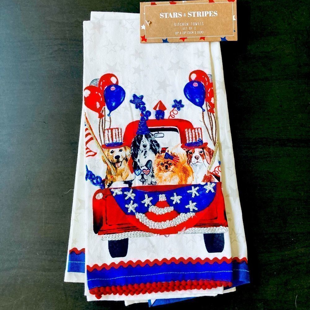 American Dog Farmhouse Truck USA July 4 Kitchen Patriotic Dish Towels Set